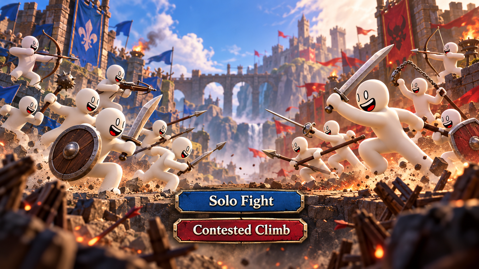 Early AutoBattle title artwork of opposing fighters in a castle arena